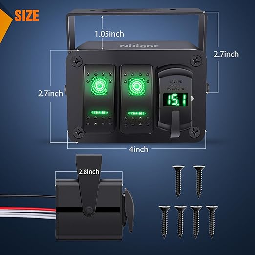 Nilight 2 Gang Rocker Switch Box 12V SPST ON Off Toggle Switches PD Type C and QC 3.0 USB Charger Voltmeter LED Light Waterproof Aluminum Mount Bracket Panel DIY Stickers for Boat Car RV Truck