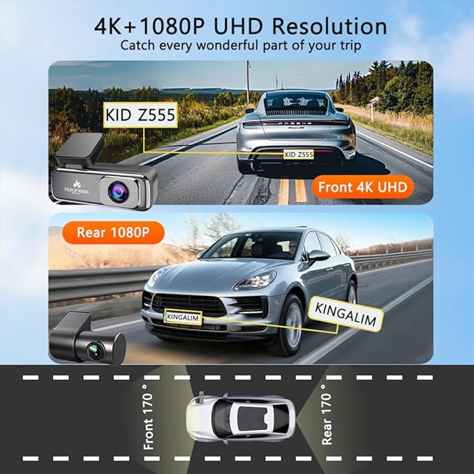 TOPOPFIRES Dash Cam Front and Rear,4K 60fps +1080P Dashcam,Dual Lens Dashcams for Cars with WiFi, Night Vision, 24H Parking Monitor, Loop Recording, G-Sensor, WiFi App Support,64GB Card Included