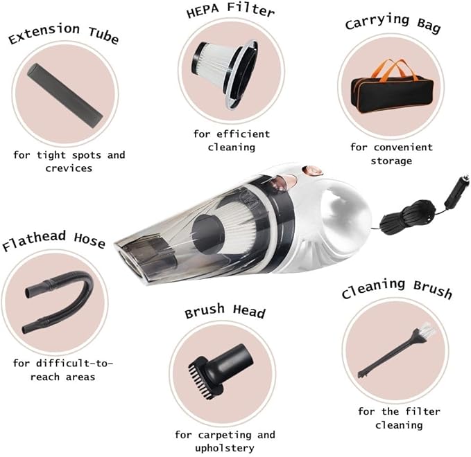 White Handheld Portable Car Vacuum Cleaner, 120W 12V Corded Vacuum, Copper Feature, Car Interior Detailing, Compact Auto Vacuum, Powerful Car Cleaning Kit, Travel Essentials, Car Accessories