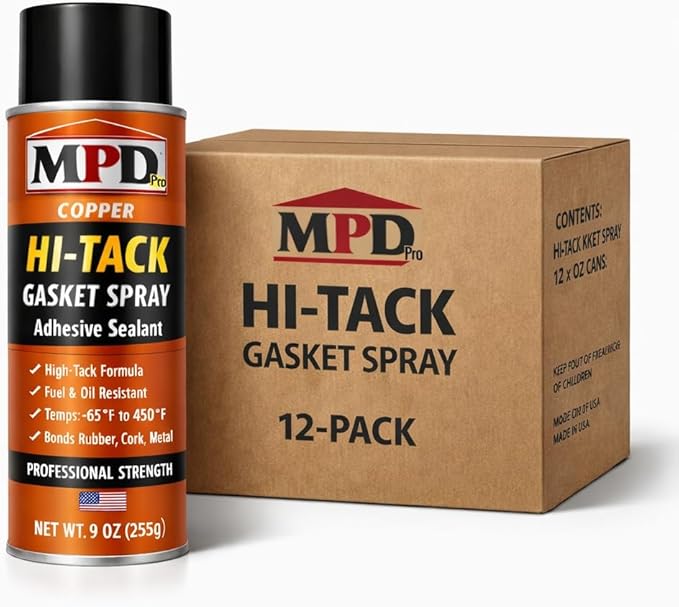 MPD Pro Hi-Tack Gasket Spray Adhesive Sealant – High-Tack Aerosol Gasket Bonding Spray, Fuel & Oil Resistant, −65°F to 450°F, Professional Assembly Aid, (12-Pack)