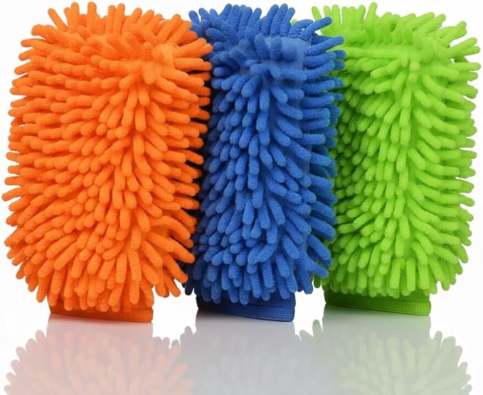 Raeyuan 3-Pack Car Wash Mitt, Premium Chenille Microfiber Wash Glove for Auto Detailing, Scratch Free & Lint Free Cleaning Kit with Elastic Cuff, Color Coded System (Blue, Orange, Green)