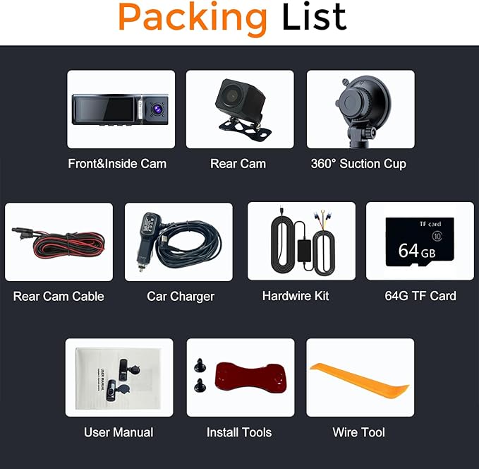 4K Dash Cam, Dash Camera Front Inside Rear, WiFi Dashcam for Cars with 64G Card, 3.16" IPS Screen, Night Vision, WDR 24H Parking Mode, G-Sensor, Loop Recording, 170° Wide Angle, APP Control