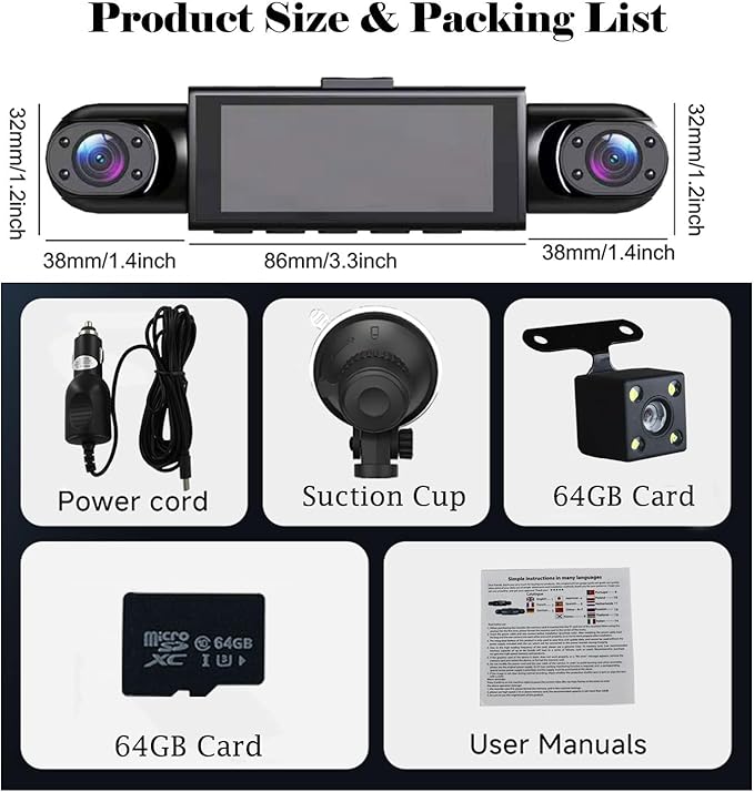 360° Full View Dash Cam Front and Rear Inside, 4 Channel Dashcam 1080P Full HD Dash Camera for Cars with Infrared Lamps Night Vision G-Sensor, Parking Mode, 64GB SD Card Car Accessories