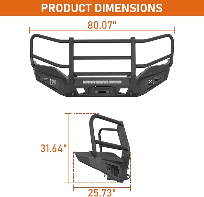 Hooke Road 16-18 Sierra Front Bumper Grille Brush Guard Push Bull Bar for 2016-2018 GMC Sierra 1500, Off-road Heavy Duty Steel Bumper with Winch Plate, D-ring Mounts & LED Lights