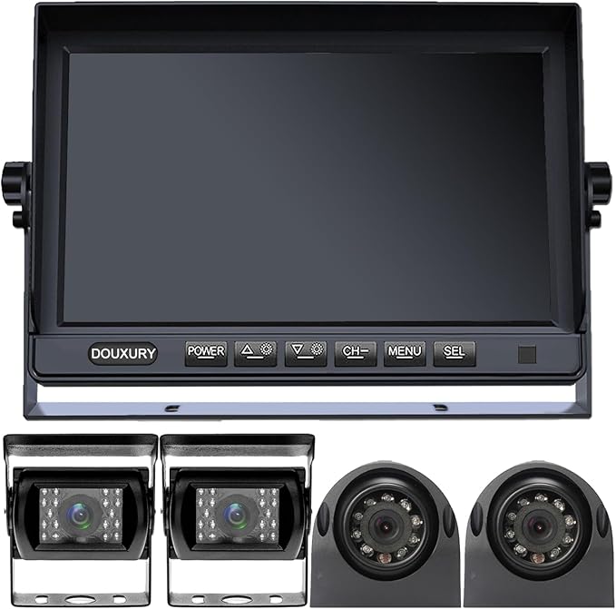 RV Backup Camera System with 7'' Quad Split 1080P Monitor for Truck Trailer Semi Camper Bus & 4 AHD Rear Side View Camera with DVR Record Function IP69 Waterproof Night Vision Avoid Blind Spot DOUXURY