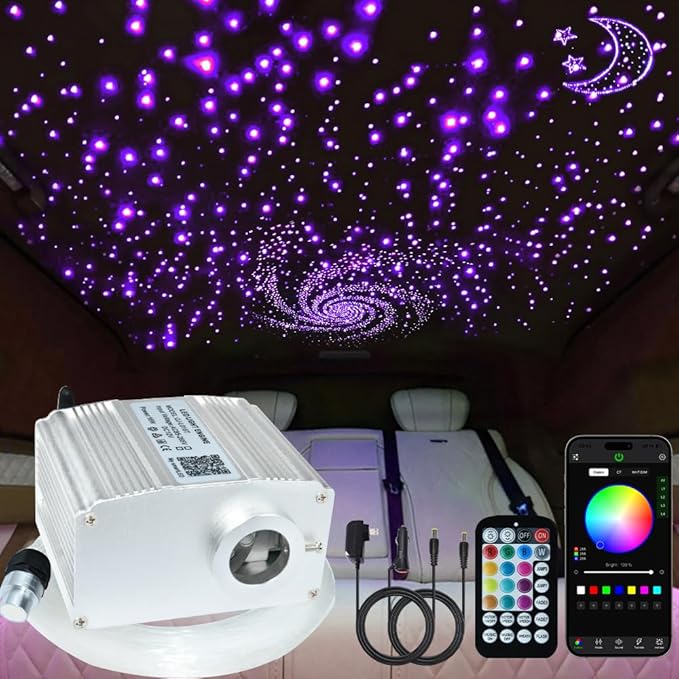 FIREWORK Starlight Headliner Kit, Fiber Optic Lights 10W RGBW Twinkle+Music Sync Effect+APP+Remote, 460pcs 6.5ft/2m 0.03in/0.75mm Fiber Cable for Star Lights for Car/EV & Home Theater Ceiling