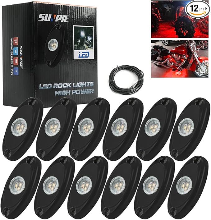 SUNPIE 12 Pods Red Rock Lights Kits for Off Road Truck Car ATV SUV Motorcycle Under Body Glow Light Lamp Trail Fender Lighting, Extension Wires Provided(Red)