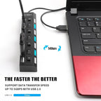 Multi Port Splitter, 7 Port USB 2.0 Hub, USB A Port Data Hub with Independent On/Off Switch and LED Indicators, Lights for Laptop, PC, Computer, Mobile HDD, Flash Drive and More (Black 2.0)