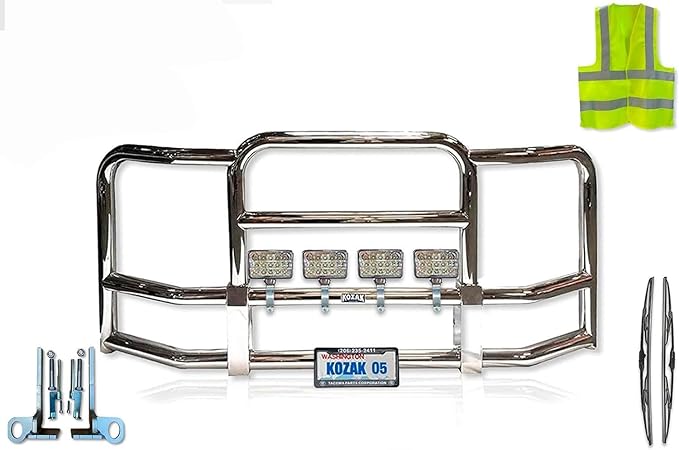 Full Front Bumper Grille Deer Moose Brush Guard Compatible with Peterbilt 579 2013-2020 - Chrome Square - 4x 6 inch 60 LED Light, License Plate Holder, Bracket, Windshield Wipers, Vest Included