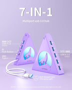 USB 3.0 Hub 7 Port, Vertical USB Splitter with RGB Lighting, 5Gbps High-Speed Data Transfer, 2FT Extension Cable, Tower USB Hub for PC, Laptop, MacBook, PS5, Xbox, Flash Drive, Printer (Light Purple)