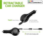 Cellet Retractable USB-C Car Charger – 15W Fast Charging, 3.3ft Cable, 3A Output, Blue LED Indicator – Compatible with Apple iPhone 15/16 Series & Samsung Android USB-C Devices – Compact, Tangle-Free