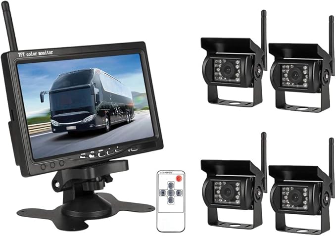 EVERSECU 4pcs Wireless Vehicle Backup Cameras Plus 7" Monitor Parking Assistance System for RV/SUV/Van/Pickup/Truck/Trailer Rear/Side/Front View System Switchable