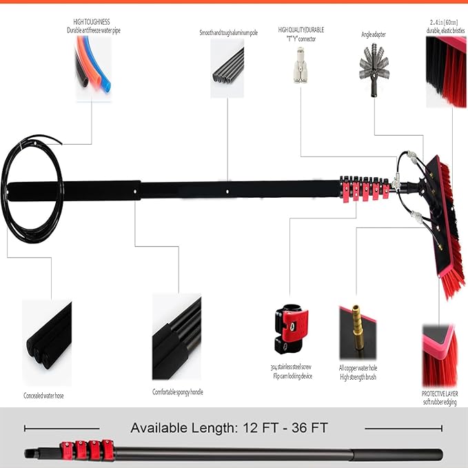 12ft-36ft Water Fed Pole Kit with Telescopic Brush for Window Cleaning, Car Wash & Solar Panels - Includes 20m Hose for Home & Commercial Use