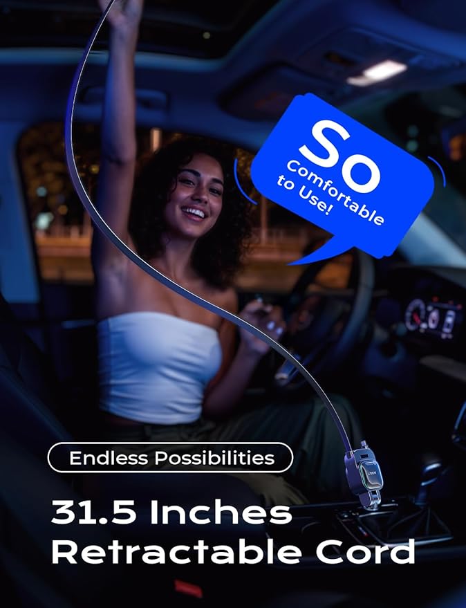 LISEN 96W Fast Charging Retractable Car Charger[USB C Cable & L Cable], 4 in 1 Retractable Car Charger Fast Charging Car Charger for iPhone 17 Pro Max 16 15 14 13, Samsung Galaxy S25/24,Black