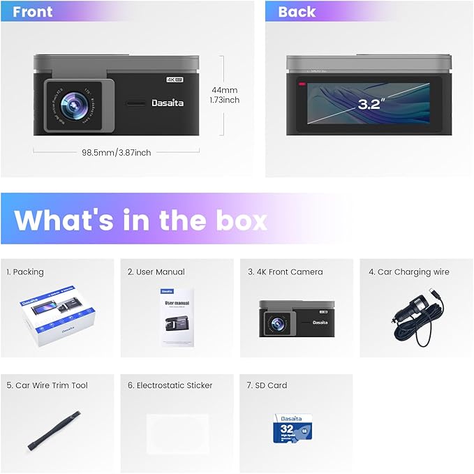 Dasaita 4K Front Dash Cam, 2160P Car Camera, 3.2" IPS HD Display, 170° Wide Angle, WiFi, WDR, G-Sensor, Loop Recording, Car Charger Power Cable, Night Vision-DAS-U3
