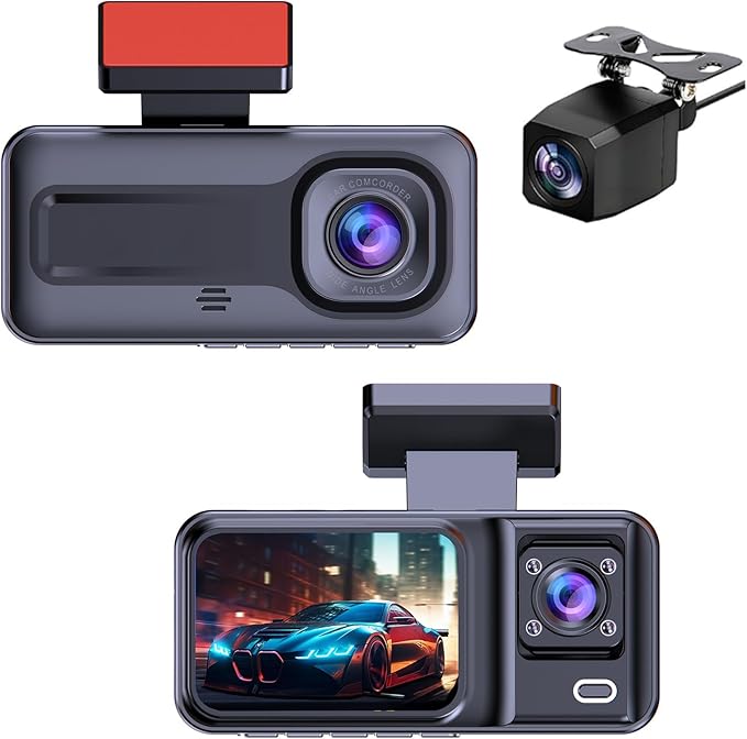 1080P Dash Camera for Car,3 Channel Dash Cam Front and Rear Inside G-Sensor, 3.16” IPS Screen, 24Hr Parking, 170°Wide Angle, Loop Recording, IR Night Vision (Dark Black)