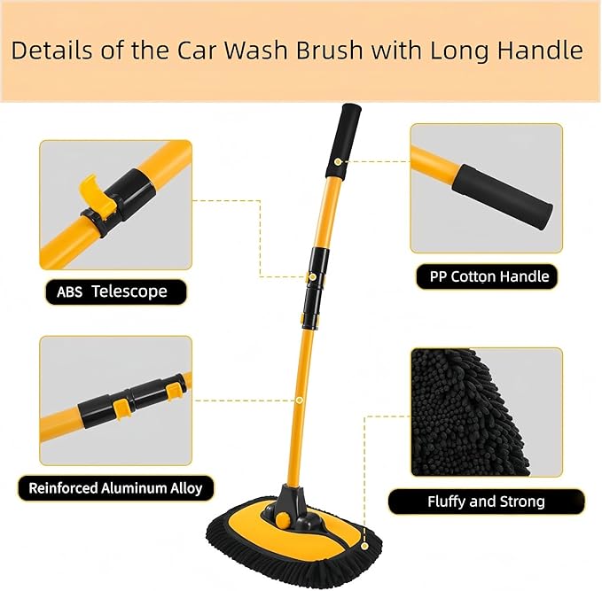Car Wash Brush with Long Handle, 15°Curved Car Cleaning Brush with Extension Pole Scratch Free, Microfiber Exterior Cleaning Mop Mitt for Washing Roof Truck Camper SUV (3)