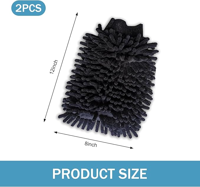 2 PCS Car Wash Mitt, Microfiber Chenille Double Sided Car Wash Gloves, Scratch-Free & Lint-Free Elastic Cuff Cleaning Gloves Kits, Clean Accessories for Cars Trucks and Household (Black)