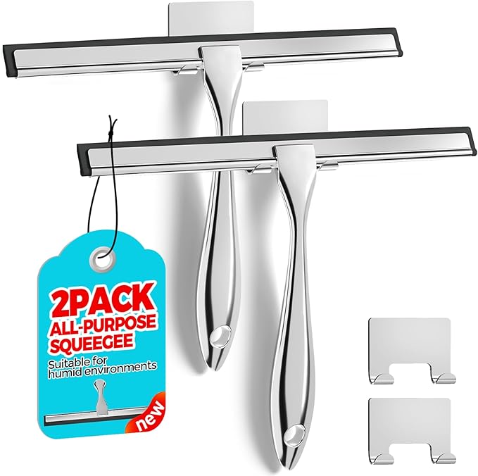 ALFLOD 2PACK Shower Squeegee for Glass Doors, Squeegee for Shower Glass，All-Purpose Tile Walls, Bathroom, Window, Glass and Car Windshield, Mirrors and Kitchen-Stainless Steel, 10 Inches, Silver