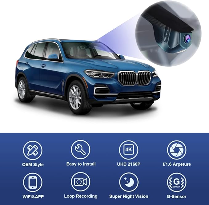 Fitcamx 4K Dash Cam Suitable for BMW F Chassis (Model B) 1 2 3 4 5 7 Series X1 X2 X3 X4 X5 X6 X7, OEM Style, 2160P UHD Video, Built-in WiFi & APP, Loop Recording, G-Sensor, Easy to Set, 64GB Card
