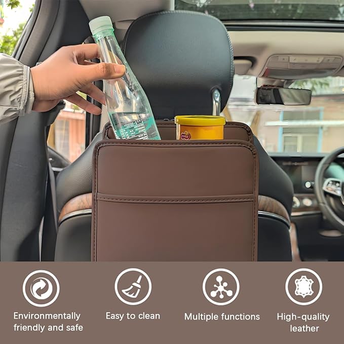 Zpana Car Seat Back Organizer, Leather Multipurpose Hanging Vehicle Backseat Headrest Storage Bag, Automotive Pouch Pocket Organizer for Kids & Adults, Universal for Truck SUV Sedan (Brown)