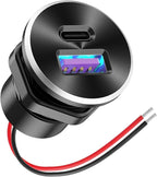 Mini 12V USB Outlet Aluminum Car Charger with PD30W and QC 18W Ports, 22mm Diameter Flush-Mounted Pre-Wired Cigarette Lighter Replacement Charger Socket for Car Boat RV Truck Motorcycle, etc.