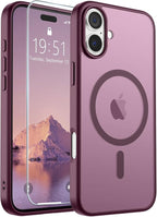 SUPFINE Magnetic for iPhone 16 Case (Compatible with MagSafe) (Military Grade Drop Protection) Slim Translucent Matte Shockproof with Anti-Fingerprint Phone Case,Wine Red