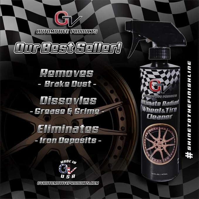 GV Automotive Products Ultimate Radiant Wheel Cleaner - Chrome Rim & Wheel Cleaner Spray – Safe, Ready To Use, Polishes, Shines & Removes Brake Dust – Professional Car Detailing Formula - 16oz