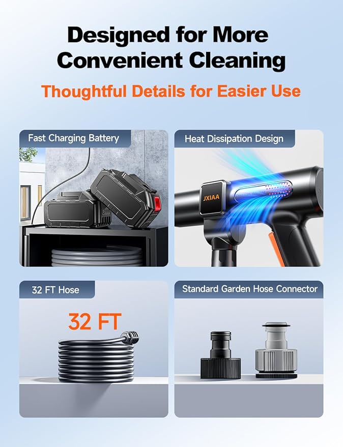 PSI 3.0 GPM Battery with Multi-Level Adjustment, 6-in-1 Nozzle & Foam Cannon, 32ft Hose for Car & Home