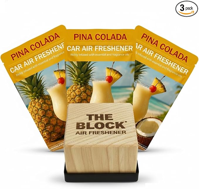 The Block - Wooden Car Air Freshener & Odor Eliminator - Long Lasting 30+ Day Scent - Car & Home Use - Fresh Gift Idea - Made in USA - Pina Colada 3-Pack