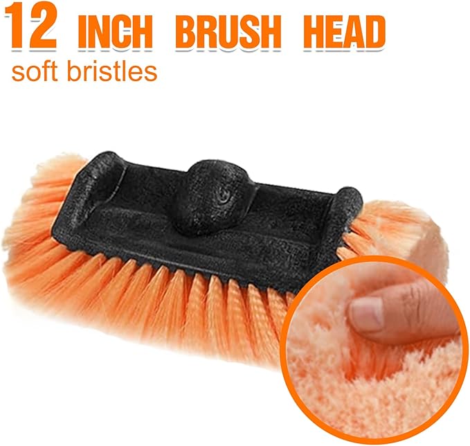 LAANPOLE 12FT Car Wash Brush with Long Handle, Car Cleaning Brush with 12 Inch Soft Bristle and Soap Dispenser, Solar Panels Cleaner with Telescoping Pole for RV, Truck, Boat, House Siding, Orange
