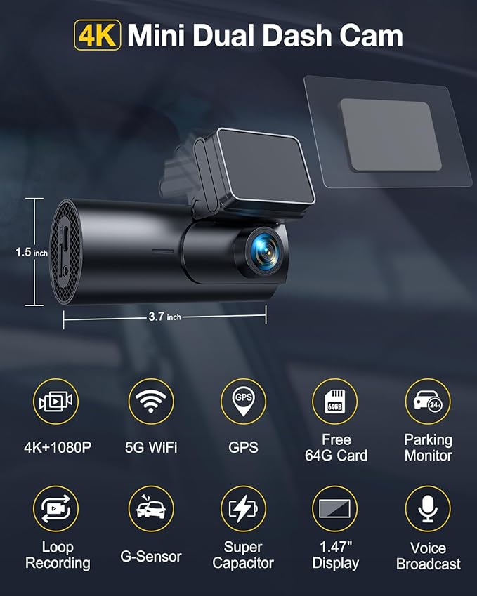 GKU Dash Cam Front and Rear Camera,4K+1080P, 5.8GHz WiFi & GPS Dash Camera for Cars,with 64G SD Card,1.47" Display Dashcam, 24HParking Mode,App,Super Night Vision,Support Max 256GB (D600Pro)