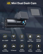 GKU Dash Cam Front and Rear Camera,4K+1080P, 5.8GHz WiFi & GPS Dash Camera for Cars,with 64G SD Card,1.47" Display Dashcam, 24HParking Mode,App,Super Night Vision,Support Max 256GB (D600Pro)