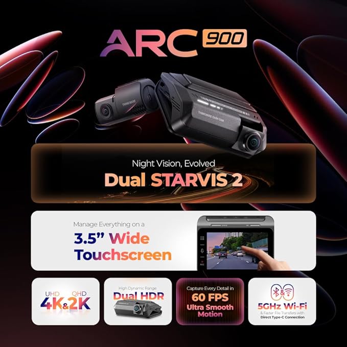 THINKWARE ARC900 2CH 4K HDR Dual Dash Cam Front and Rear - 4K+2K STARVIS 2, Super Night Vision 4.0, Low Power Parking Mode, 3.5" IPS Touchscreen, 5GHz Wi-Fi, GPS (64GB MicroSD & Hardwiring Cable Incl)