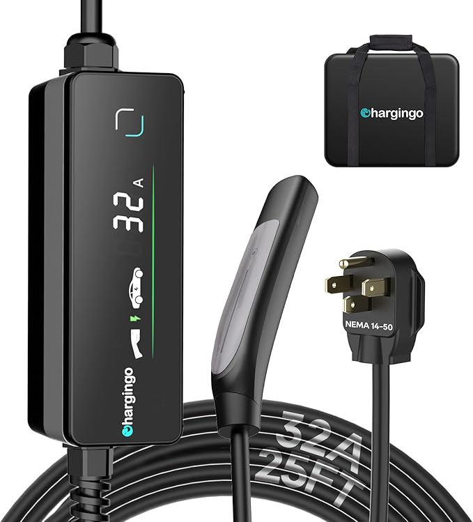 Level 2 EV Portable Charger for Tesla, 32A 240V ETL Certificated,NEMA 14-50,NACS Connector, 25FT Cable, Adjustable 16A-32A, LCD Display, Plug-and-Play Fast Charging Station for Home/Outdoor