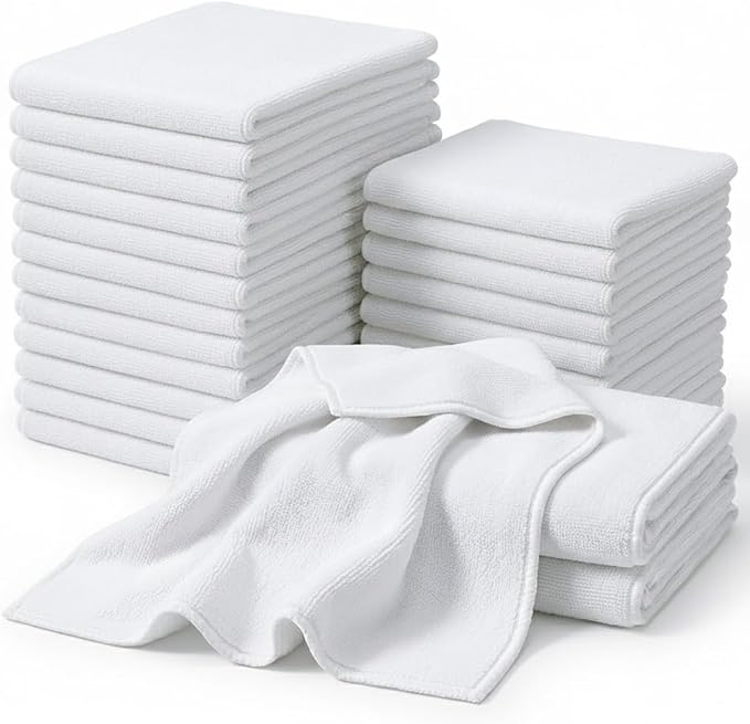 CARTMAN 14 x 14 Inch, 30 Pack, 280GSM Microfiber Cleaning Cloths, Non-Abrasive, Reusable and Washable, All Purpose Cleaning Towels for Household, Car Washing, Drying & Auto Detailing, White