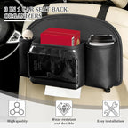 Car Back Seat Organizer, Leather 4-in-1 Seat Back Hanging Storage Bag with Tissue Box, 2 Cup Holder & Hook, Multi-Purpose Backseat Organizer Pocket for Hold Phone Drink, Universal Fit (Black)