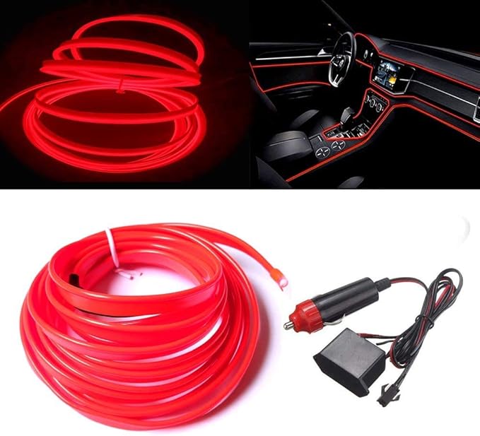 MaxLax El Wire Red Interior Car LED Strip Lights, 10m neon Wire 12V with Fuse Protection for Automotive Car Interior Decoration with 6mm Sewing Edge