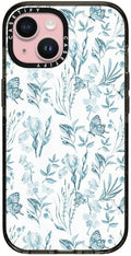 CASETiFY Impact iPhone 15 Case [Slim/Compatible with Magsafe / 8.2 ft. 4X Military Grade Drop Protection] - Elegant Pastel Blue Vintage Butterfly Floral - Clear Black