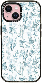 CASETiFY Impact iPhone 15 Case [Slim/Compatible with Magsafe / 8.2 ft. 4X Military Grade Drop Protection] - Elegant Pastel Blue Vintage Butterfly Floral - Clear Black