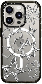 CASETiFY Impact iPhone 15 Pro Case [4X Military Grade Drop Tested / 8.2ft Drop Protection/Compatible with Magsafe] Chrome Doodles - Clear Black