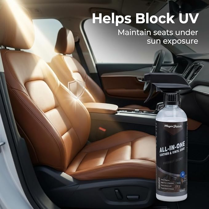 Magic Finish All-In-One Leather Conditioner & Vinyl Restorer (16 oz) – Non-Greasy Formula w/UV Shield – Nourishing Multi Surface Cleaner for Cars & Furniture – Leather Protector Spray (Coconut)