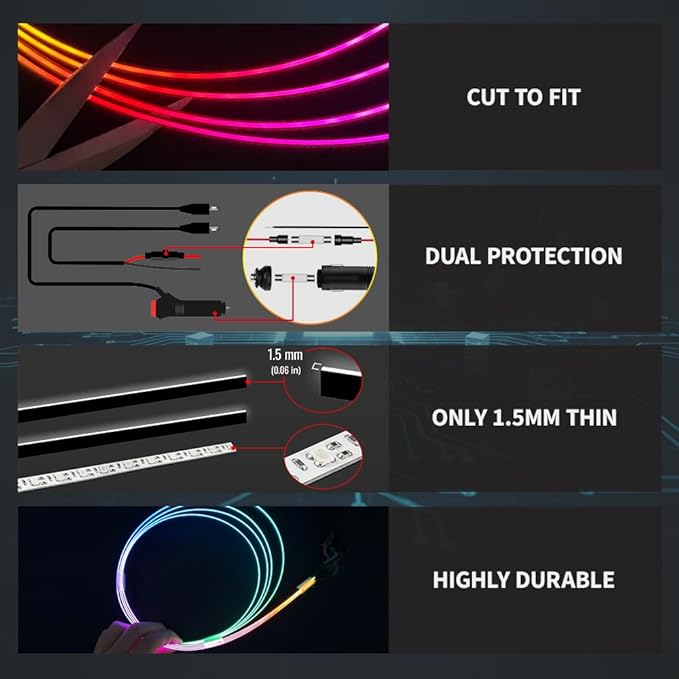 Ambient Lighting Car Led Lights Interior Kit,6 in 1 RGB Music Sync Acrylic Led Lights for Car Interior,175 inches DIY Fiber Optic Neon Accent Strip Ambiance Lighting with Wireless APP Remote