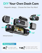 BOTSLAB 3K 4 Channel Dash Cam, 560° All-Sides View, Front and Rear Inside Car Camera with 3.18”Touch Screen, Dash Camera 24/7 Parking Mode, Built-in GPS 5.8GHz WiFi Voice Control, Free 128GB Card