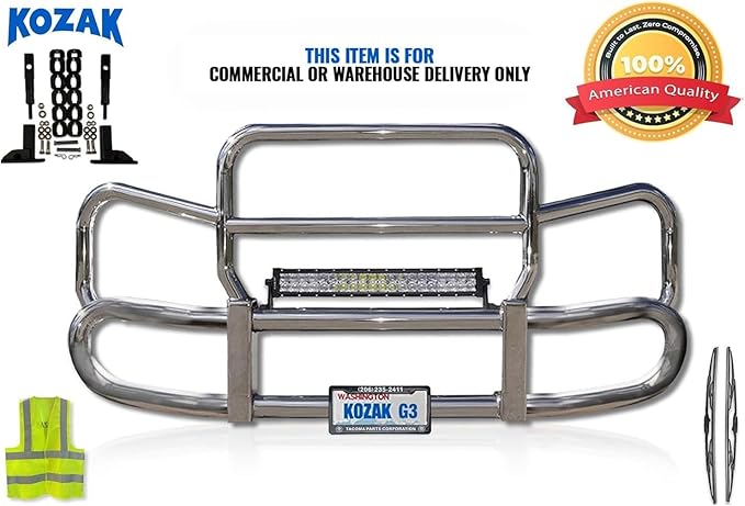 KOZAK Grille Deer Moose Brush Bumper Guard Herd 300 Compatible with Peterbilt 579 2012-2021 Truck Plus Brackets, 22" LED Bar 120W, Logo, 2X Wipers, KOZAK Reflective Vest