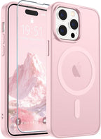 SUPFINE Magnetic for iPhone 14 Pro Max Case with Screen Protector (Compatible with MagSafe) (Military Grade Drop Protection) Translucent Matte Shockproof Phone Cover,Light Pink