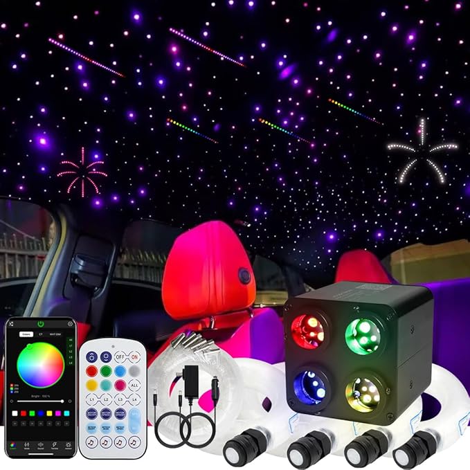 AZIMOM 4Colors 2 in 1 Meteor Twinkle Fiber Optic Starlight Headliner Kits Mixed860pcs 13.1ft Fiber Strands,RGB Meteor Shooting Star 240pcs, Sound Remote APP Control Home Ceiling Car Headliner Decor