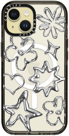 CASETiFY Impact iPhone 15 Case [4X Military Grade Drop Tested / 8.2ft Drop Protection/Compatible with Magsafe] - Chrome Doodles - Clear Black