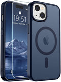 SUPFINE Magnetic for iPhone 15 Case with Screen Protector (Compatible with MagSafe) (Military Grade Drop Protection) Translucent Matte Shockproof Phone Cover,Dark Blue
