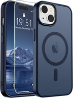 SUPFINE Magnetic for iPhone 15 Case with Screen Protector (Compatible with MagSafe) (Military Grade Drop Protection) Translucent Matte Shockproof Phone Cover,Dark Blue